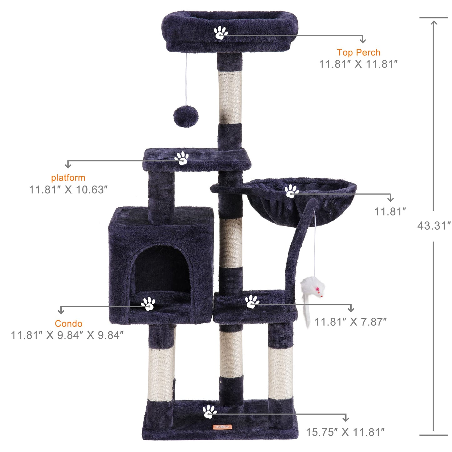 Heybly Cat Tree with Toy, Cat Tower Condo for Indoor Cats, Cat House with Padded Plush Perch, Cozy Hammock and Sisal Scratching Posts, Smoky Gray HCT004SG