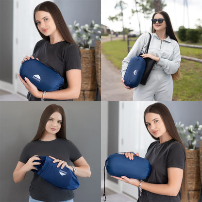 BlueHills Ultra Compact Travel Blanket Pillow in Portable Bag Case with Hand Luggage Belt & Backpack Clip Premium Cozy Soft Compact Pack Large Blanket for Airplane Flight Layover - Navy Blue C001
