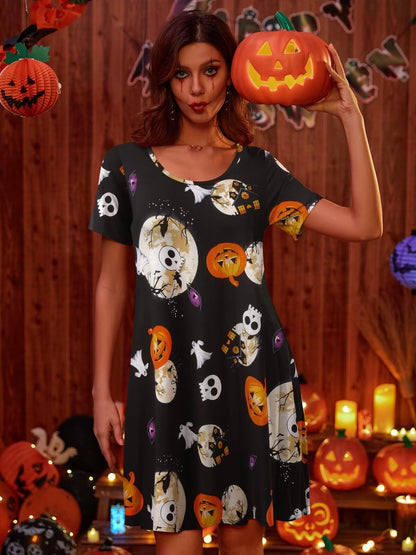 BELAROI Womens Plus Size Halloween Dresses Short Sleeve Swing Tunic Tshirt Dress Pumpkin, Witch, Horror Pattern Print Halloween Costumes(2X,Flower42)