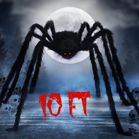 AREOK 10 FT Giant Spider Halloween Decorations Outdoor - Scary Halloween Large Big Huge Realistic Fake Hairy Plush Spider Props for Indoor Outside Yard Lawn Party Creepy Decor, Black