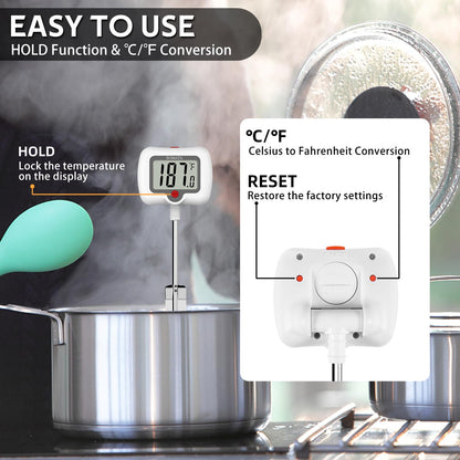 BOMATA Candy Thermometer with Pot Clip, Instant Read Cooking Thermometer with 8" Long Probe, Rotating Display, for Candy Making, Food, Candle Making, Liquids, Water, Baking, Sugar, Grilling. White