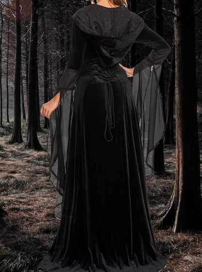 BITSEACOCO Deluxe Witch Dress Costume for Women, Vintage Embroidered Renaissance Victorian Gothic Hooded Vampire Gown Dress Cosplay (Black, L)