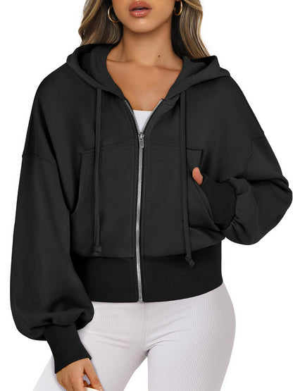 ANRABESS Women's Zip Up Hoodies Cropped Sweatshirts Casual Zip Jackets 2025 Fashion Trendy Fall Outfits Black Large