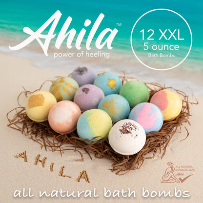 Ahila power of healing 12 XXL Bubbly Organic Bath Bombs Gift Set for Women Men and Kids Designed in Canada Long Lasting Floaters Relaxing Aromatherapy Rich in Pure Essential Oils Healing Properties