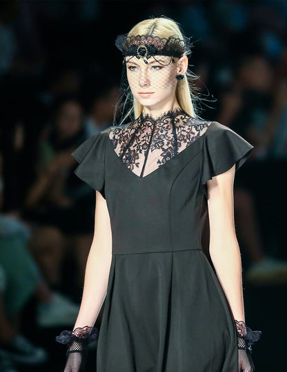 Womens Gothic Dress Lace Neck Flutter Sleeve Swing A-line Midi Dresses Black XL