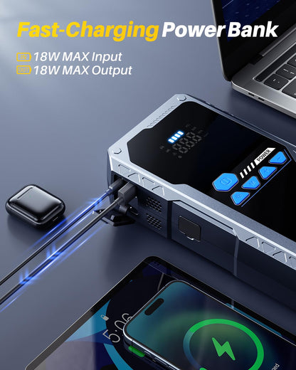 AUTOONE 8000A Jump Starter with Air Compressor (All Gas/12L Diesel), 150PSI Car Jumper Starter Portable, Jump Box Tire Inflator with LED Flashlight, LCD Display, Storage Case