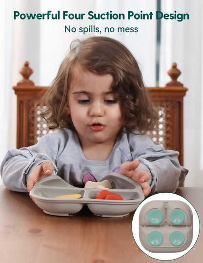 BABELIO Powerful Suction Plates for Baby and Toddler, 100% Food Grand Silicone, Divided, BPA Free, Microwave & Dishwasher Safe, Stay Put, 3 Pack