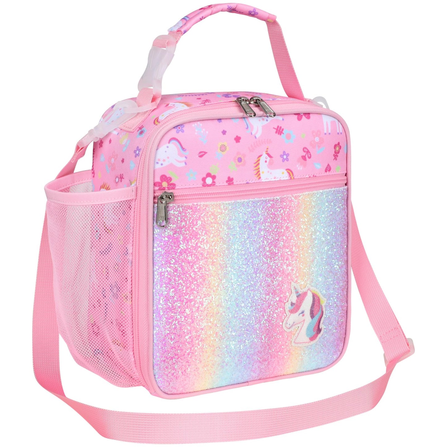 Bagseri Kids Lunch Bag with Shoulder Strap - Insulated Lunch Bag for Girls with Water Bottle Holder Reusable Lunch Tote Bag for School Kids Lunch Box for Girls, Pink Glitter Unicorn
