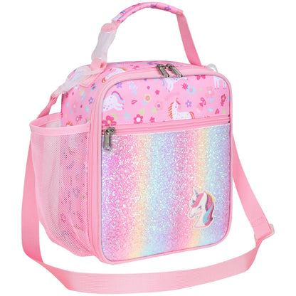 Bagseri Kids Lunch Bag with Shoulder Strap - Insulated Lunch Bag for Girls with Water Bottle Holder Reusable Lunch Tote Bag for School Kids Lunch Box for Girls, Pink Glitter Unicorn