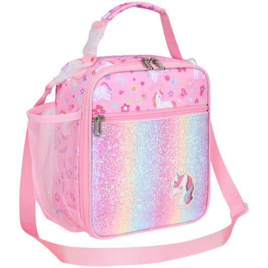 Bagseri Kids Lunch Bag with Shoulder Strap - Insulated Lunch Bag for Girls with Water Bottle Holder Reusable Lunch Tote Bag for School Kids Lunch Box for Girls, Pink Glitter Unicorn