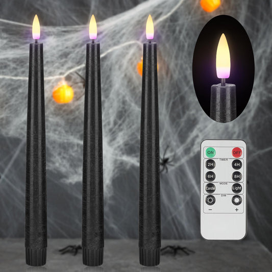 AFINETH Black Flameless Taper Candles with Remote, Real Wax Halloween Candles, 9.6 Inch Battery Operated Led Candlesticks for Party Home Festival Decor, 3 Pack