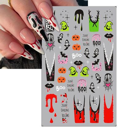 IDDFEVE Halloween Nail Art Stickers, Gradient Pumpkin, Horror Mask Nail Decals, 3D Self-Adhesive Spider-Web Bat Design for DIY Nail Supplies Decoration (5 Sheets)