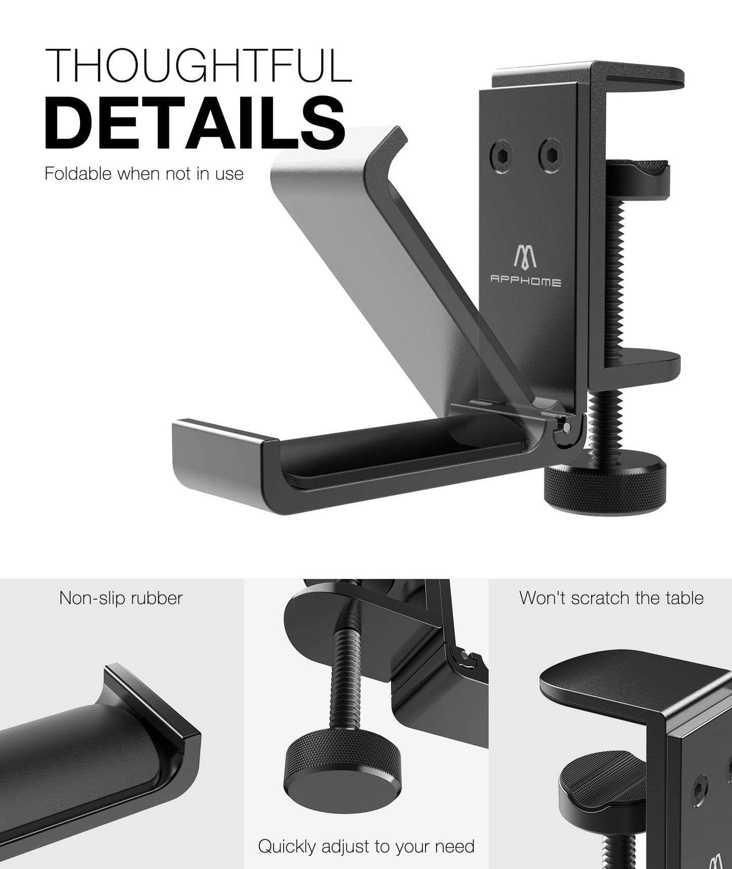 APPHOME New Foldable Headphone Stand Hanger Holder Aluminum Headset Soundbar Stand Clamp Hook Under Desk Space Save Mount, Universal Fit Gaming Headphones, Black