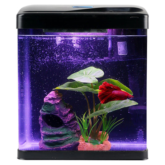 Betta Fish Tank Self Cleaning Glass 2 Gallon Small Nano Aquarium Starter Kits Desktop Room Decor w/LED Light Decorations & Whisper Filters Water Pump (Fish Tank)