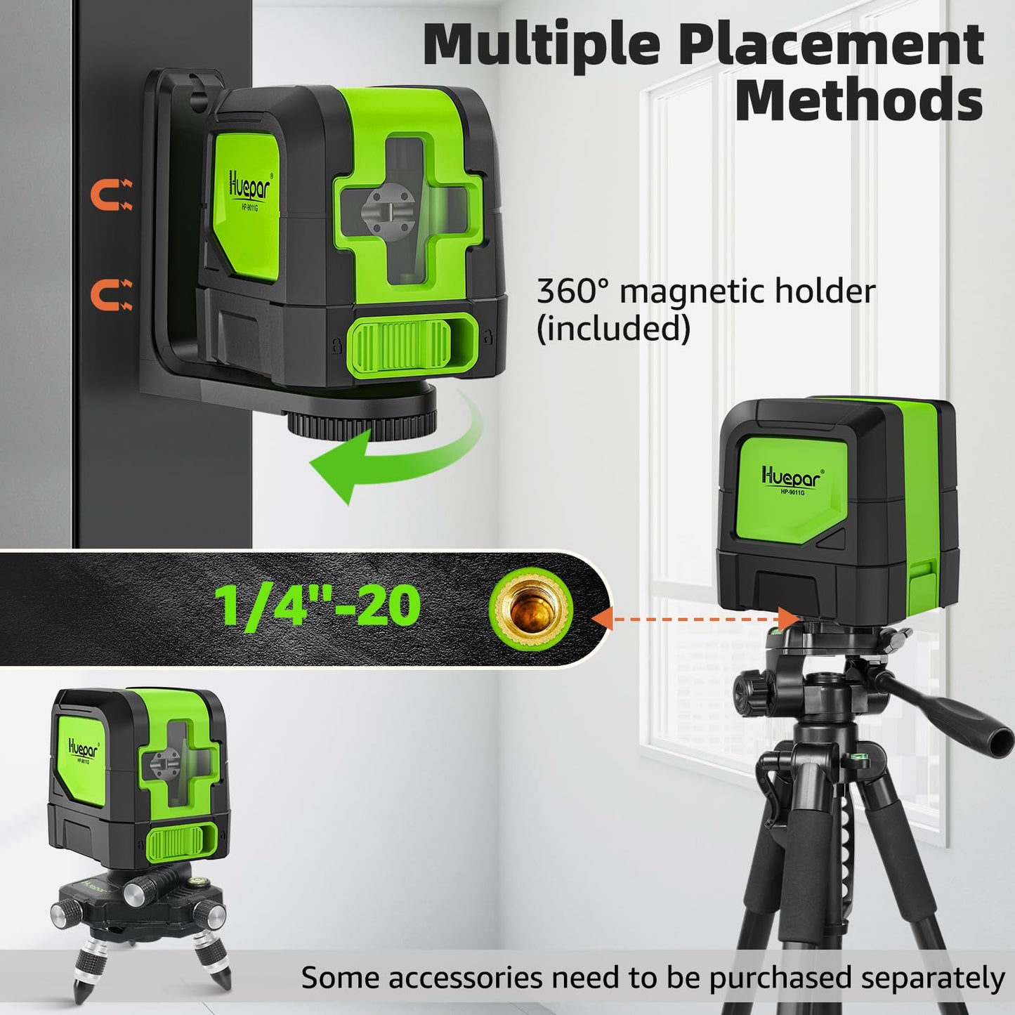 Huepar Laser Level, 100ft Self Leveling Green Cross Line Laser for Picture Hanging, Tile, Decoration & DIY Indoor Construction – 360° Magnetic Base & Battery Included