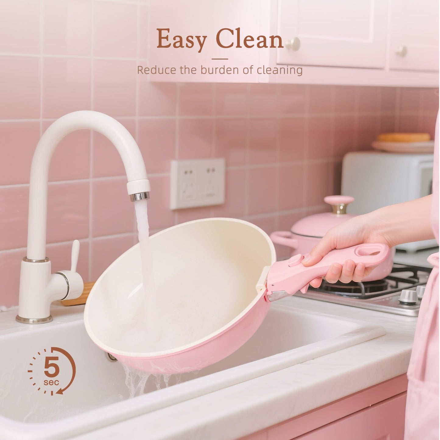 Astercook 21 Pcs Pots and Pans Set Non Stick, Ceramic Cookware Set Detachable Handle, RV Kitchen Cooking Set Removable Handles, Oven Safe, Induction Ready, Stackable Non-stick Set, Pink