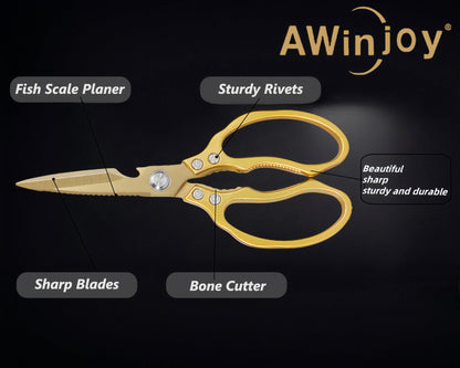 AWinjoy Kitchen Scissors, Heavy Duty Sharp Kitchen Shears Dishwasher Safe, Kitchen Accessories Cooking Shears for Kitchen Meat Chicken Fish Poultry Herb Bread (All Gold), skr-05