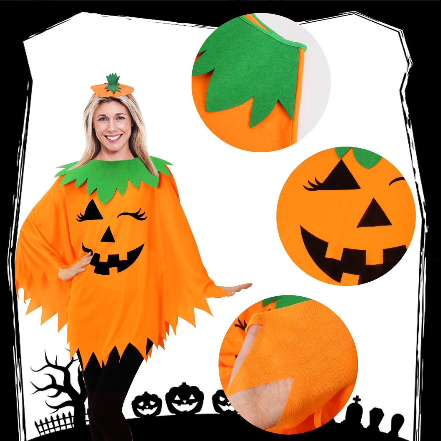 WISHTEN 3PCS Halloween Pumpkin Costume for Women,Pumpkin Poncho for Adults with Headband & Bag,Halloween Costume for Women