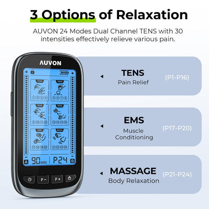 AUVON 3-in-1 TENS Unit Muscle Stimulator, Dual Channel Electronic Pulse Massager, TENS EMS Machine, 24 Modes Muscle Massager for Pain Relief Therapy, EVA Travel Case, 12 Pcs TENS Unit Electrodes Pads