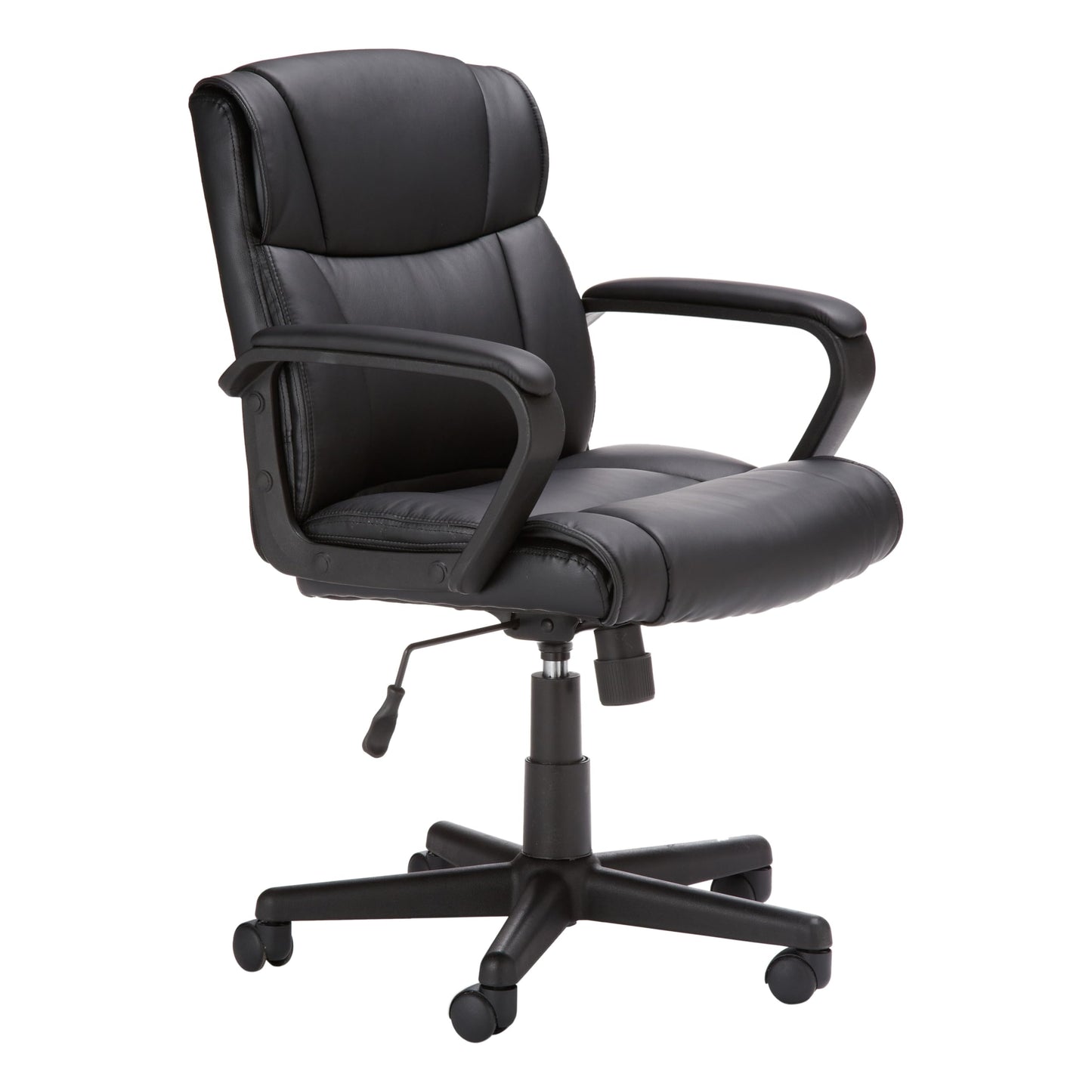 Amazon Basics Office Computer Task Desk Chair with Padded Armrests, Mid-Back, Adjustable, 360 Swivel, Rolling, 275 Pound Capacity, 24.2"D x 24"W x 34.8"H, Black Faux Leather