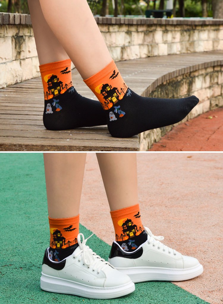 Wish Island Women's Halloween Gifts Pumpkin Bat Castle Socks Crew Casual Novelty Socks (Halloween - 5 pairs)
