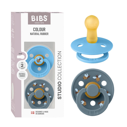 BIBS Colour Studio Soother 2-Pack, BPA Free Dummy Pacifier, Round Nipple. Natural Rubber Latex, Made in Denmark, Size 2 (6-18 Months), Breeze/Petrol