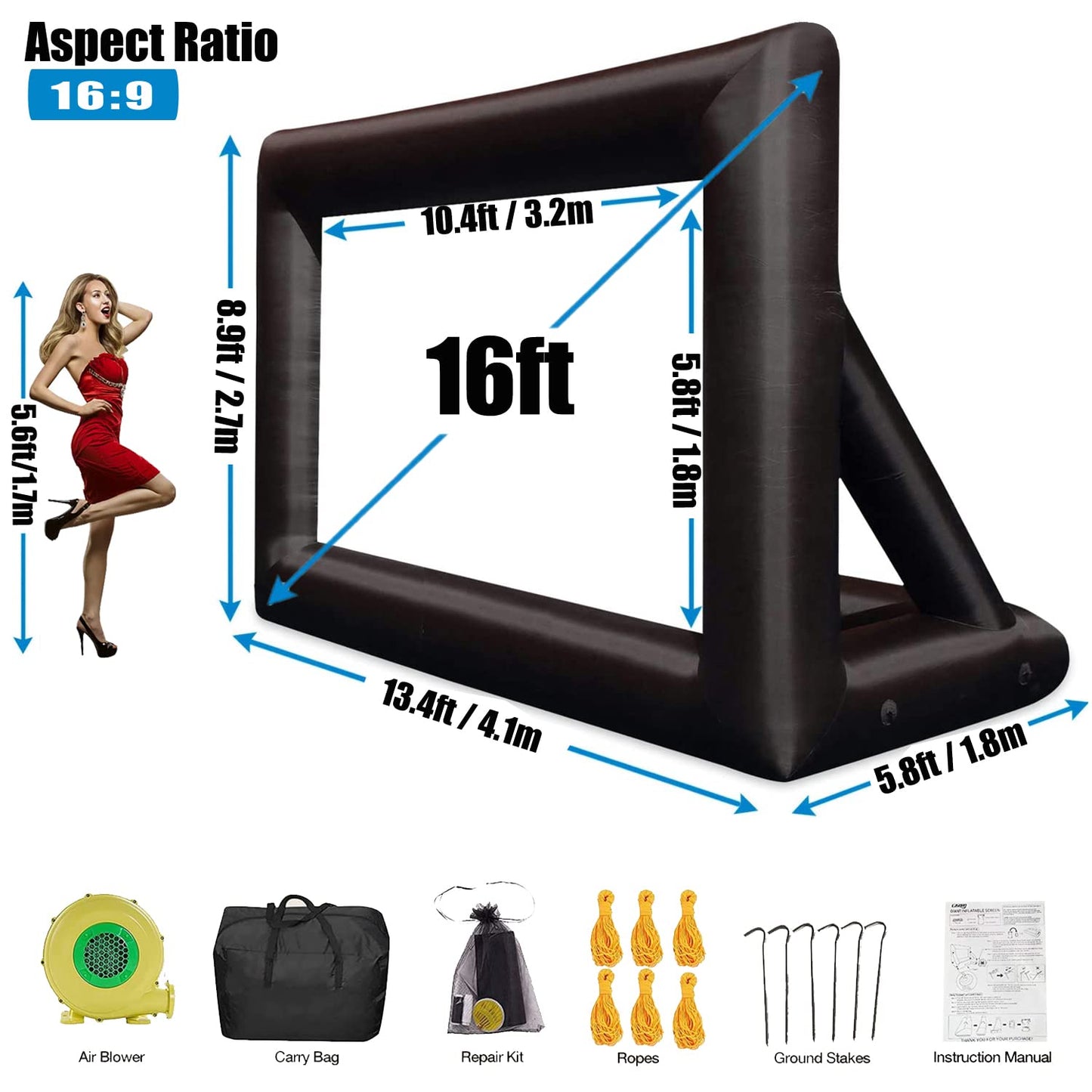 Inflatable Projector Screen - Outdoor Movie Screen Blow Up for Movie Parties Backyard Outside with Air Blower and Carry Bag, Front and Rear Projection (16FT with Blower)