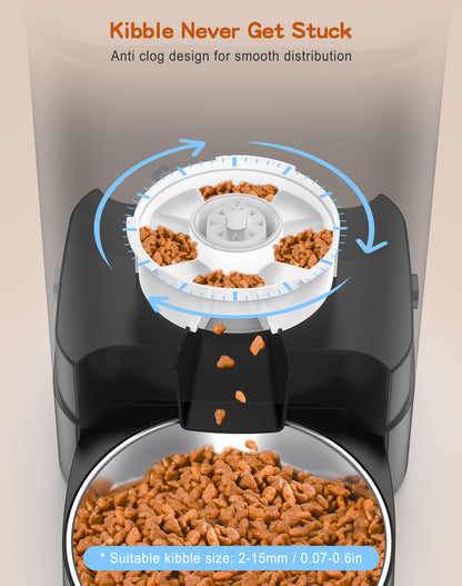 HoneyGuaridan 3.5L Automatic Cat Feeder for Two Cats, Food Dispenser with Stainless Steel Bowl,Timed Cat Feeder Programmable 1-6 Meals Control, Dual Power Supply,10s Meal Call Black