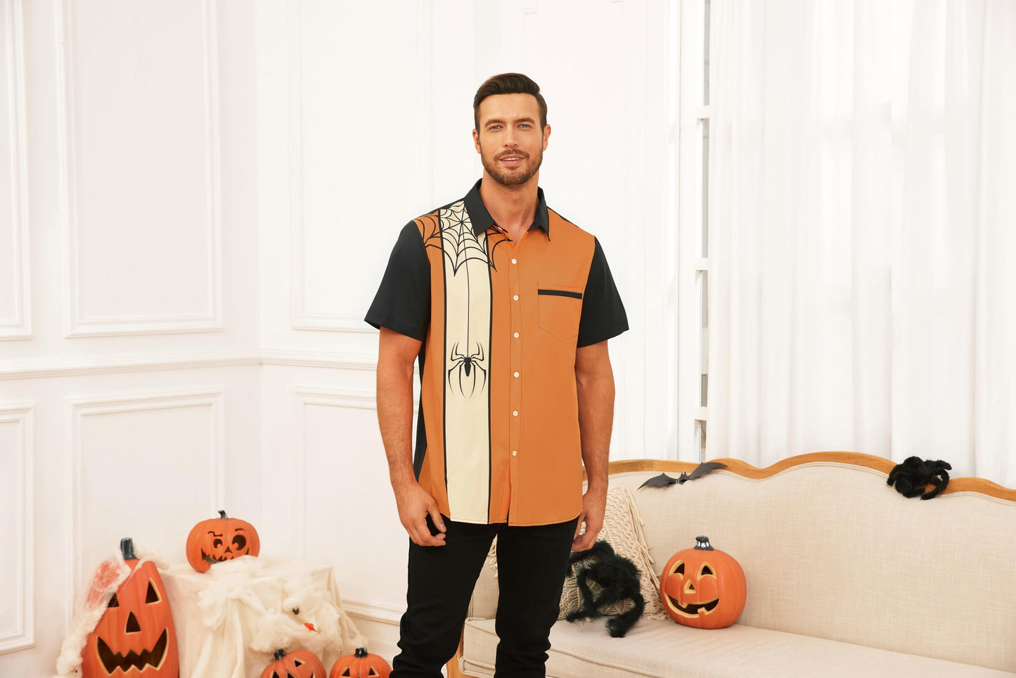 WHO IN SHOP Men's Halloween Shirts Cute Scary Horror Short Sleeve Button Up Shirt