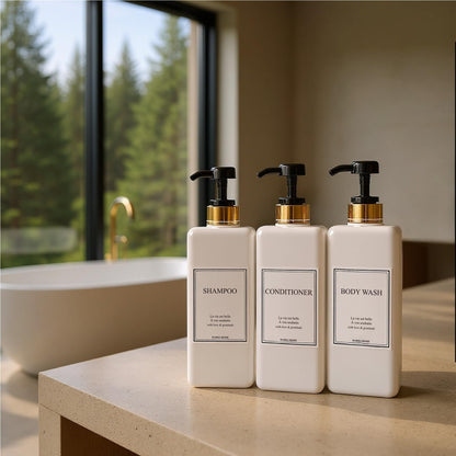 HARRA HOME Modern Gold Design 27 oz Shampoo and Conditioner Dispensers - Plastic Refillable Pump Bottle Set for Bathroom Shower Soap Dispenser, Set of 3 (Black)