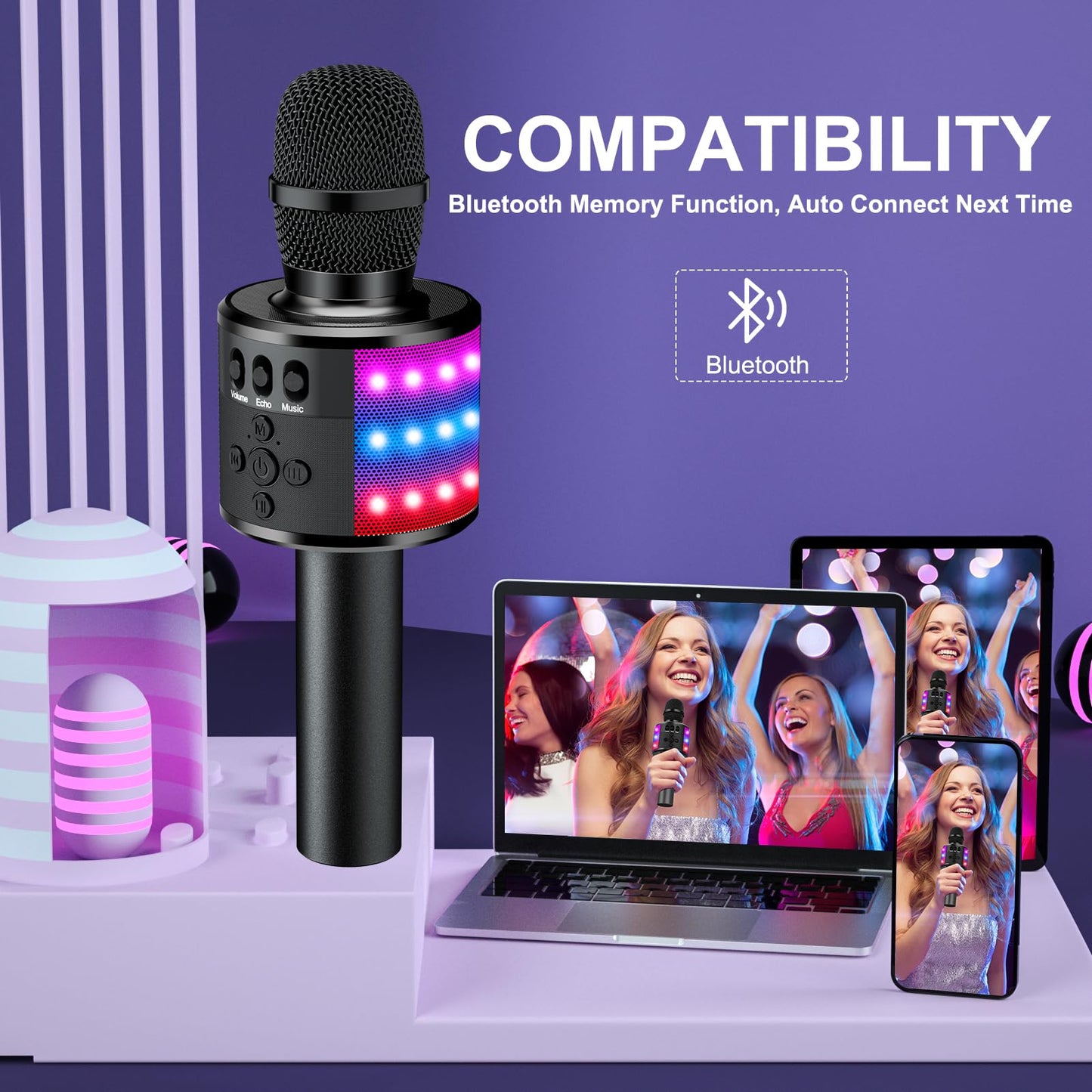 BONAOK Karaoke Microphone for Kids & Adults - Bluetooth Microphones Singing Mic with Disco Lights, Echo Effect, Built-in Speaker Portable Karaoke Player for Party Travel Gifts Q78(Black)