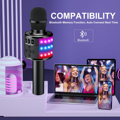 BONAOK Karaoke Microphone for Kids & Adults - Bluetooth Microphones Singing Mic with Disco Lights, Echo Effect, Built-in Speaker Portable Karaoke Player for Party Travel Gifts Q78(Black)