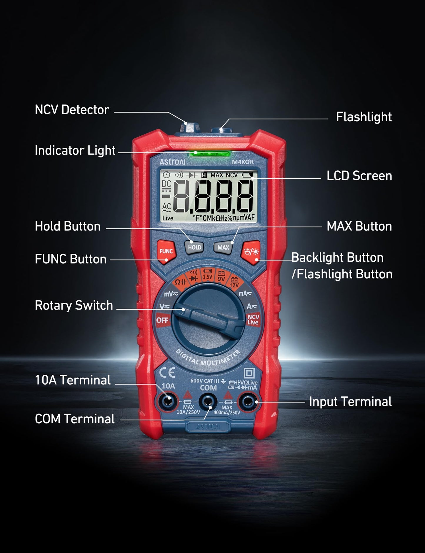 AstroAI Multimeter Tester, TRMS 4000 Counts Volt Meter Auto-Ranging Ohmmeter Digital 1.5v/9v/12v Battery Voltage Tester Measure Voltage Current Resistance Diodes Continuity Capacitance with NCV