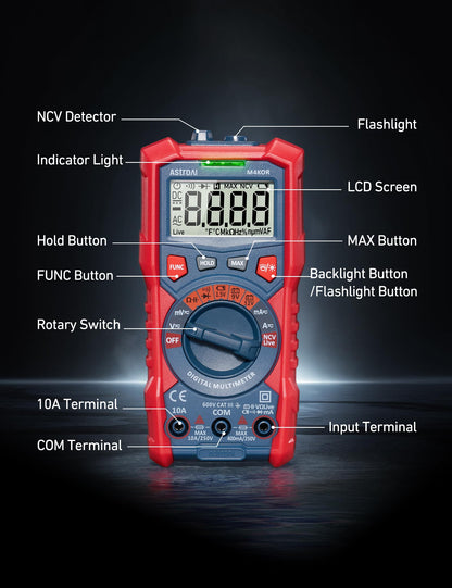 AstroAI Multimeter Tester, TRMS 4000 Counts Volt Meter Auto-Ranging Ohmmeter Digital 1.5v/9v/12v Battery Voltage Tester Measure Voltage Current Resistance Diodes Continuity Capacitance with NCV