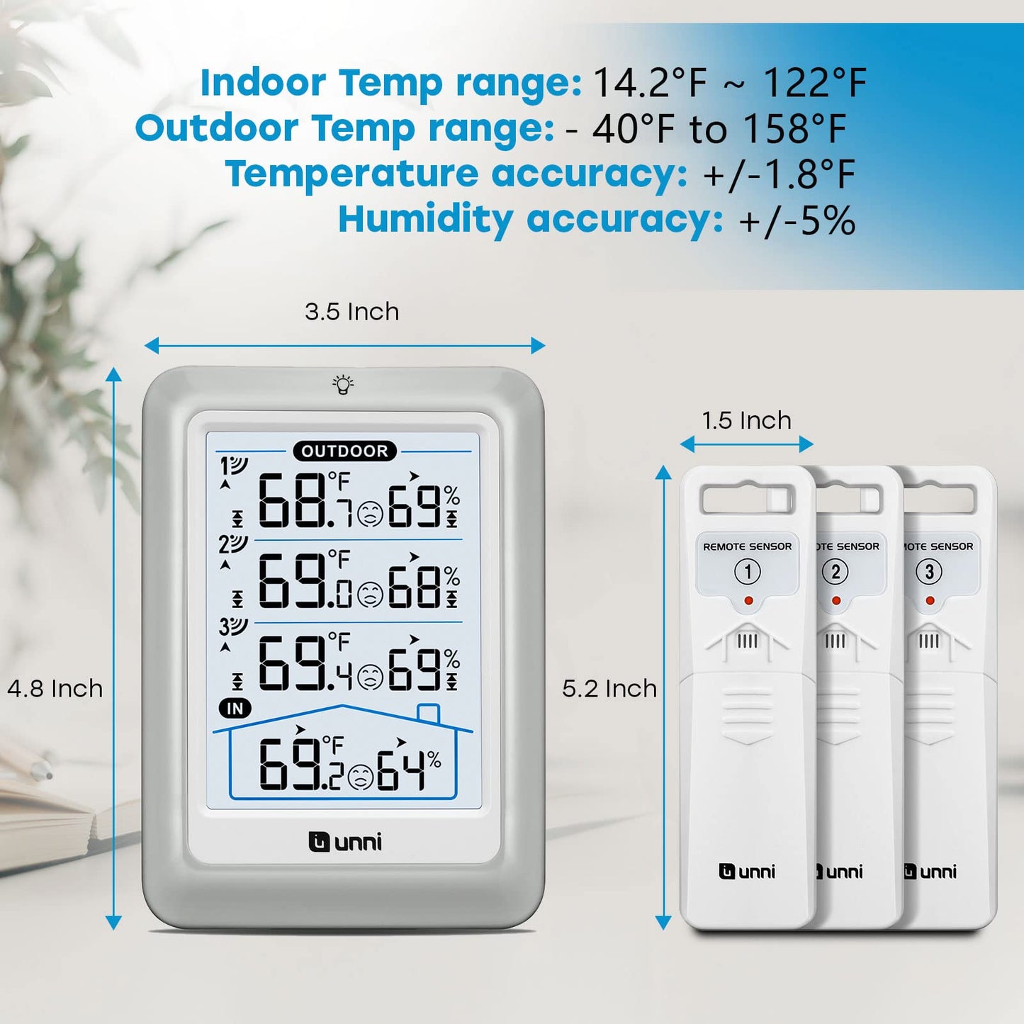 Indoor Outdoor Thermometer Wireless, 4.5 Inch Display Digital Hygrometer Thermometer Temperature Humidity Monitor with 330ft Range Sensor and Adjustable Backlight