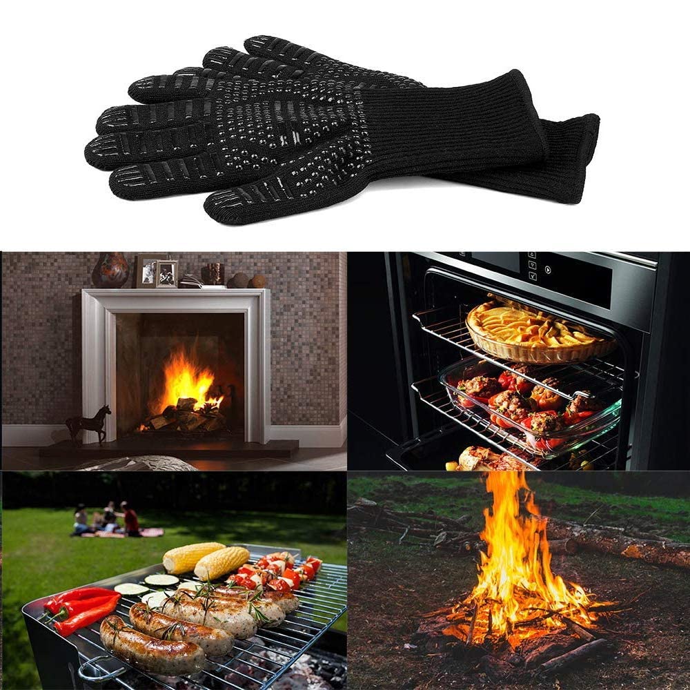 Heat Resistant BBQ Gloves for Hot Temperature Cooking, Barbecue Grilling or Baking Bread Pizza, Safe Oven Mittens with Fingers