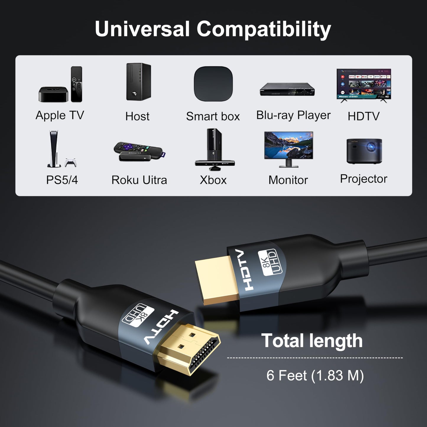 8K HDMI 2.1 Cables 6FT 5-Pack, High Speed HDMI Gaming Monitor Cable for PS5 TV-8K ARC&eARC HDMI Cord-165/180/240Hz, HDCP2.3, 3D/HDR10 for Soundbar, PS5, PS4, TV, Xbox, Roku, Cinema, Computer, Monitor