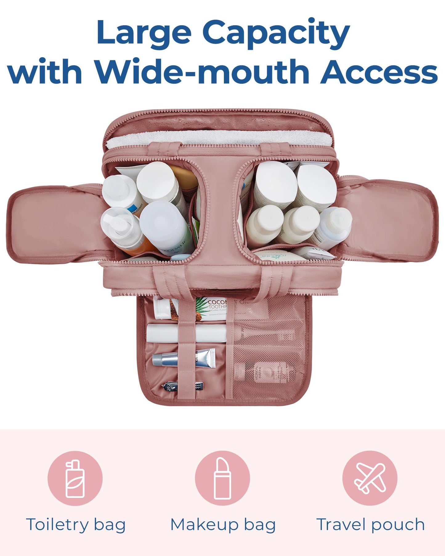 BAGSMART Travel Toiletry Bag, Lightweight Large Wide-open Travel Bag for Women, Puffy Cosmetic Makeup Bag Organizer with Handle for Accessories,Essentials, Toiletries, Dark Pink