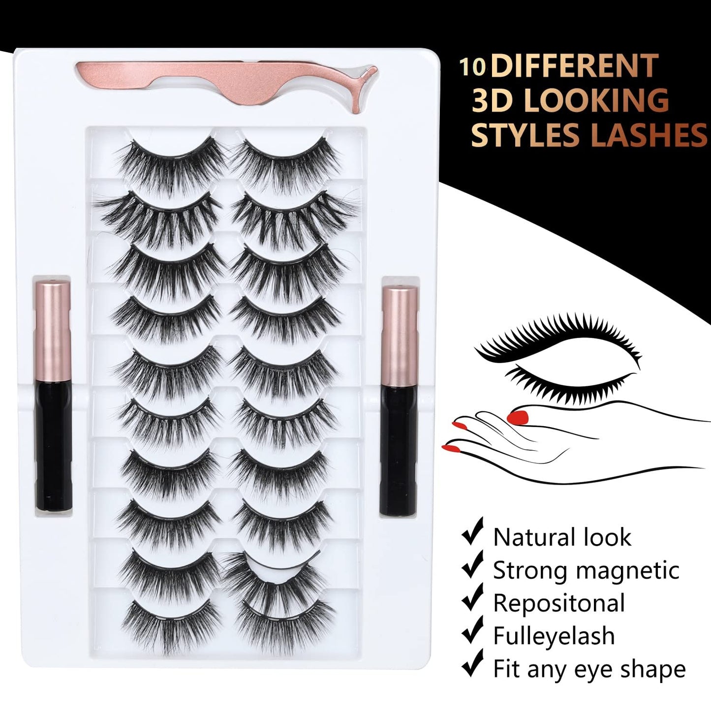 BILEYCHA Upgrade 3D Natural Magnetic Eyelashes,Lightweight Magnetic Eyeliner and Eyelashes Kit, 2 Magnetic Eyeliners- No Glue Needed (10 Pairs)