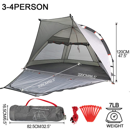apollo walker Beach Tent Sun Shelter 3-4 Person Easy Setup Portable Sunshade Canopy Large,Extended Floor,Stakes,Sand Pockets,UPF 50+ Waterproof Windproof Outdoor Camping Fishing Picnic