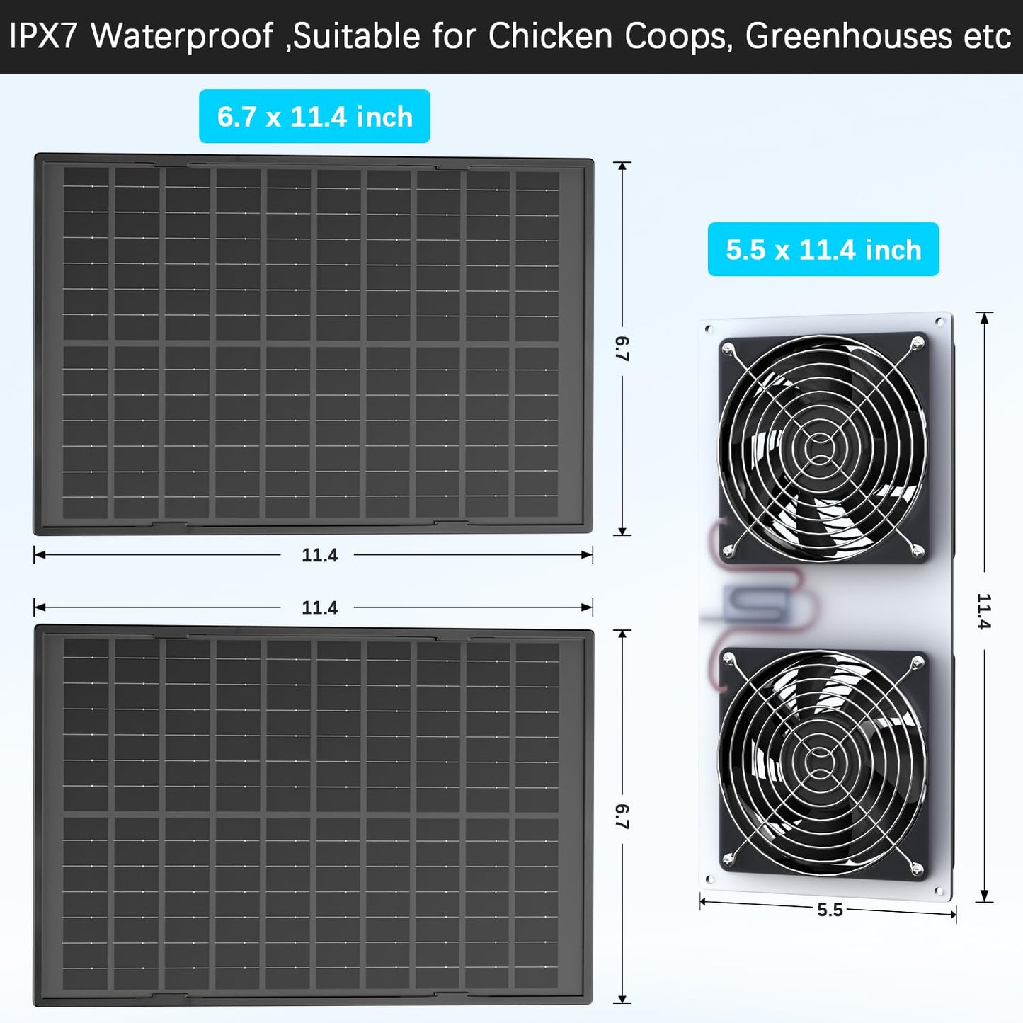 20W Solar Powered Fan Kit, IPX7 Weatherproof Dual Fan, Solar Exhaust Intake Cooling Ventilation for Chicken Coop,Greenhouse,Shed,Pet House,Outside with 11Ft/3.5m On/Off Switch Cable