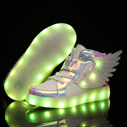 BFOEL Wings Sneakers Kids LED Light up Shoes USB Charging Flashing High-top Sneakers for Boys Girls Child Unisex(3.5 Big Kid White 35)