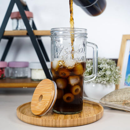 ANOTION Glass Cups with Lids and Straws - 24oz Tumbler with Handle Coffee Cups Glass Straws Glasses Mason Jar Cups Drinking Set Kitchen Essentials Coffee Bar Accessories House Warming Gifts New Home