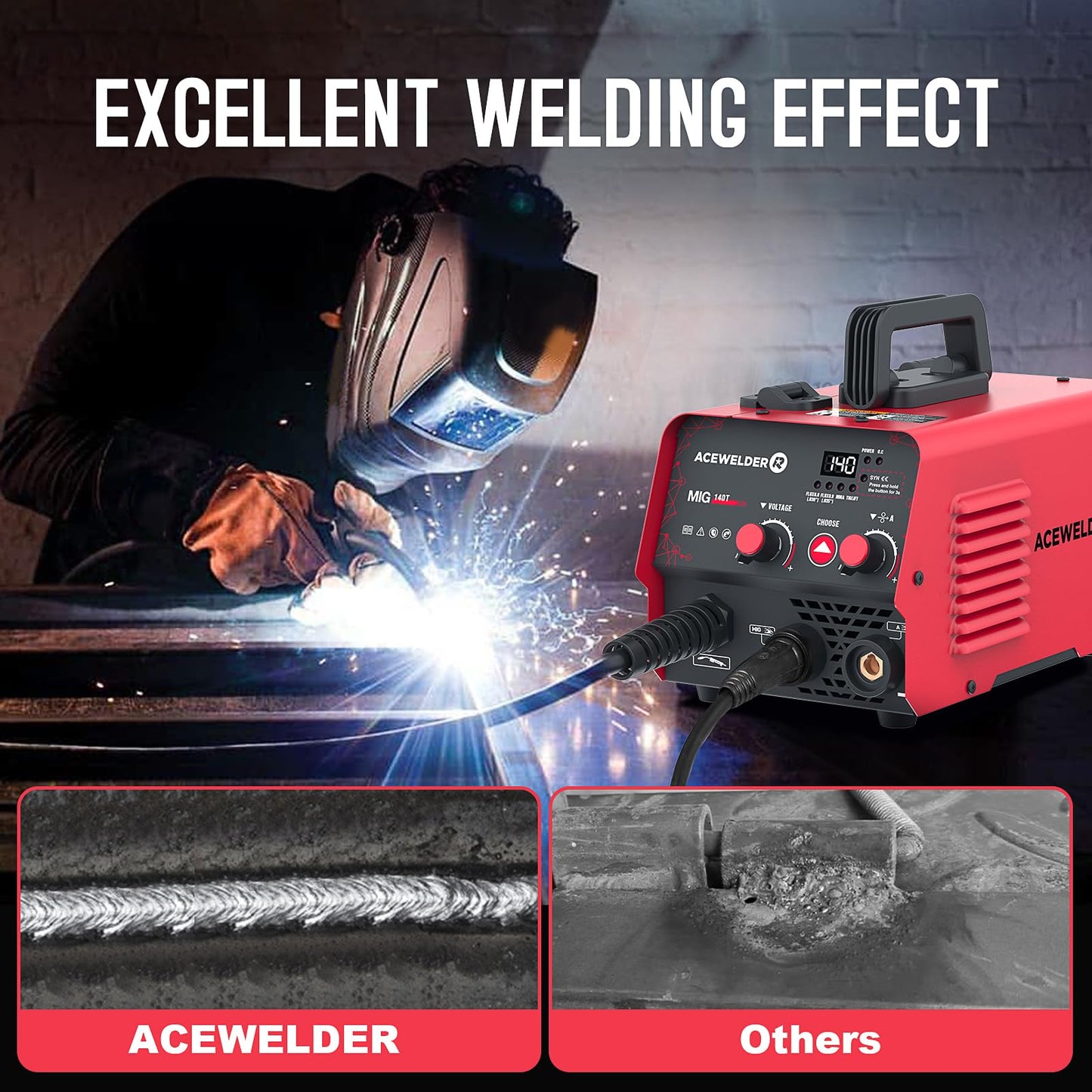 ACEWELDER 140A Gasless Flux Core MIG Welder/Lift TIG/Stick 3 in 1 Welding Machine 110V Portable IGBT Inverter Synergy Welder Machine