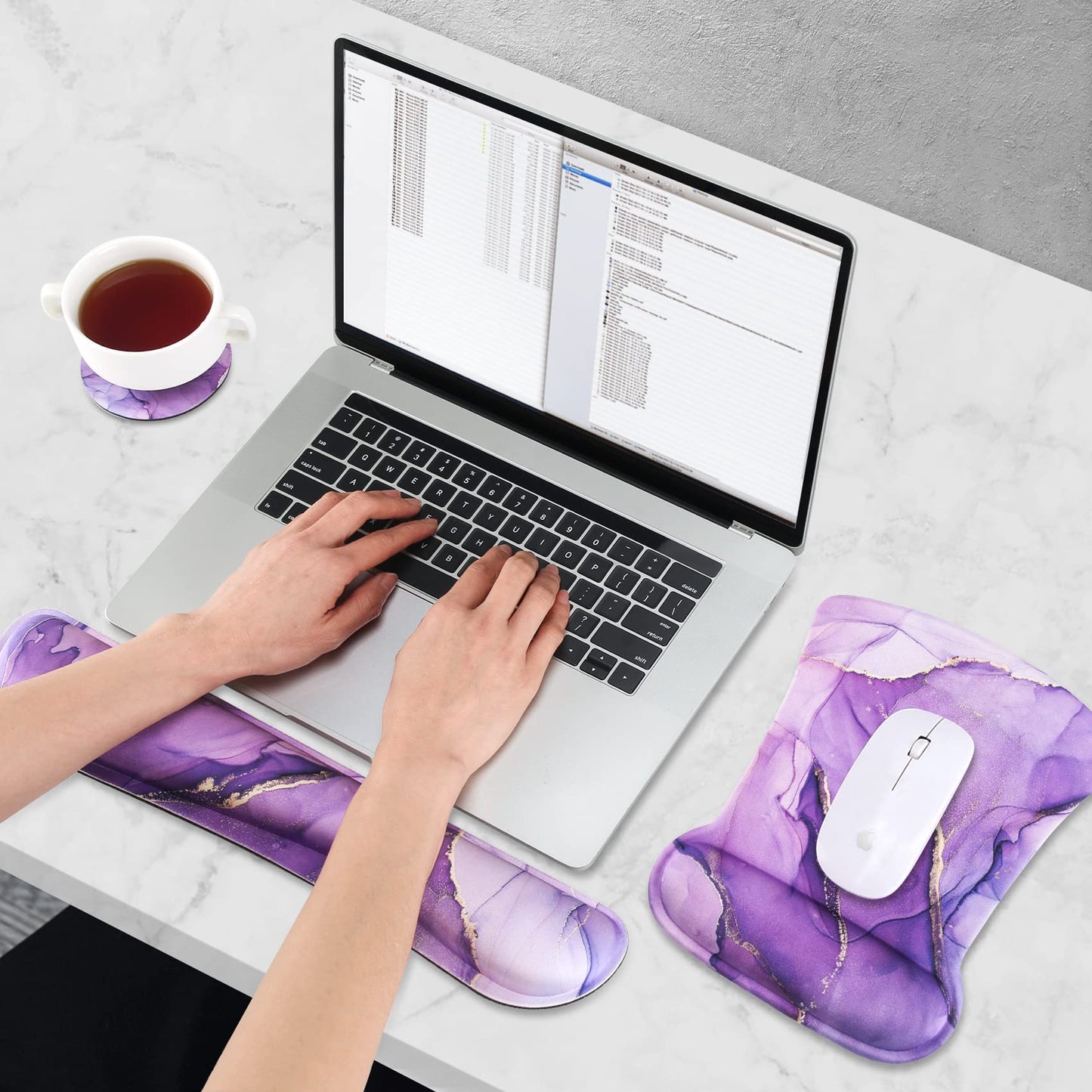 AIMSA Ergonomic Keyboard Wrist Rest and Mouse Pad with Wrist Support Set, Memory Foam Non-Slip Rubber Base, for Home, Office, Easy Typing, Pain Relief, Purple Marble