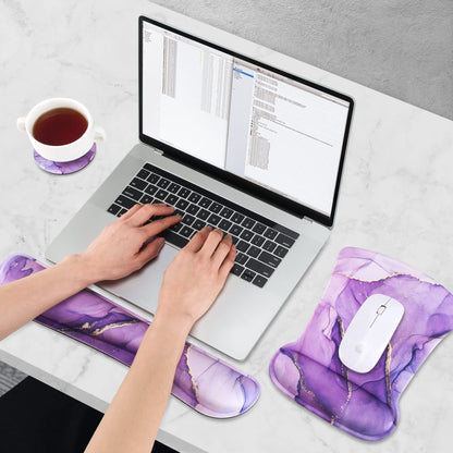 AIMSA Ergonomic Keyboard Wrist Rest and Mouse Pad with Wrist Support Set, Memory Foam Non-Slip Rubber Base, for Home, Office, Easy Typing, Pain Relief, Purple Marble