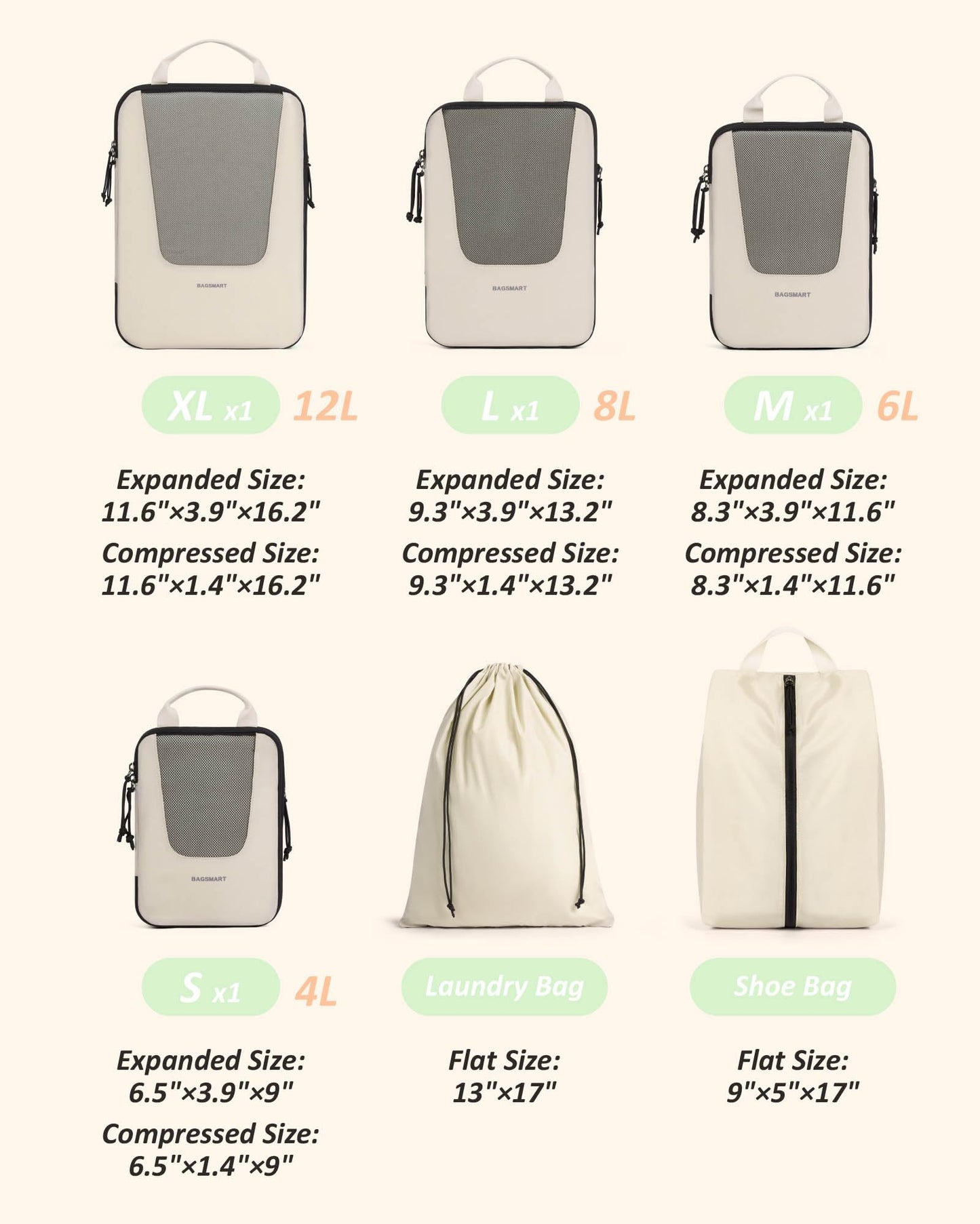 BAGSMART Compression Packing Cubes for Travel, 6 Set Packing Cubes for Suitcases, Lightweight Luggage Organizer Set Cubes for Business Essentials, Beige