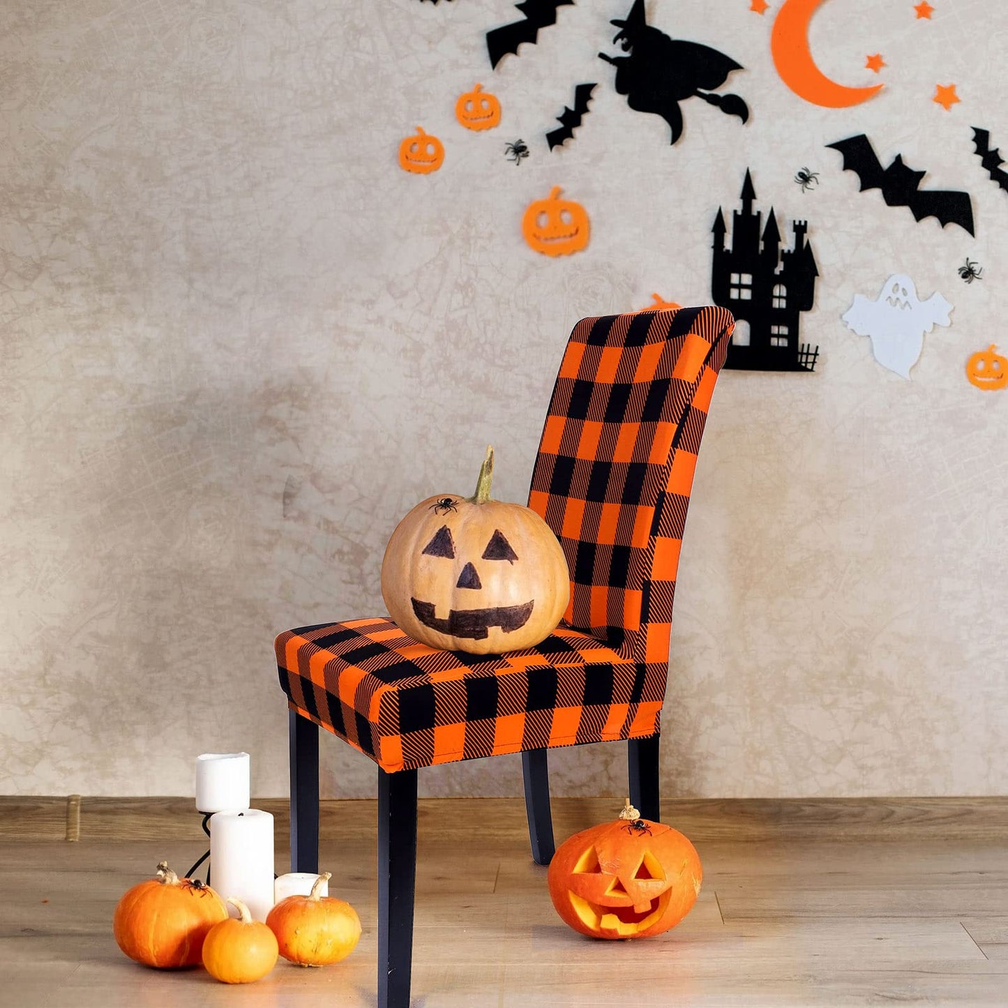 Whaline 4Pcs Fall Chair Slipcovers Orange White Buffalo Check Dining Chair Covers Protector Removable Stretch Elastic Seat Covers for Thanksgiving Party Kitchen Home Hotel Restaurant Ceremony Decor