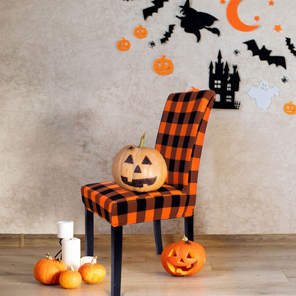 Whaline 4Pcs Fall Chair Slipcovers Orange White Buffalo Check Dining Chair Covers Protector Removable Stretch Elastic Seat Covers for Thanksgiving Party Kitchen Home Hotel Restaurant Ceremony Decor