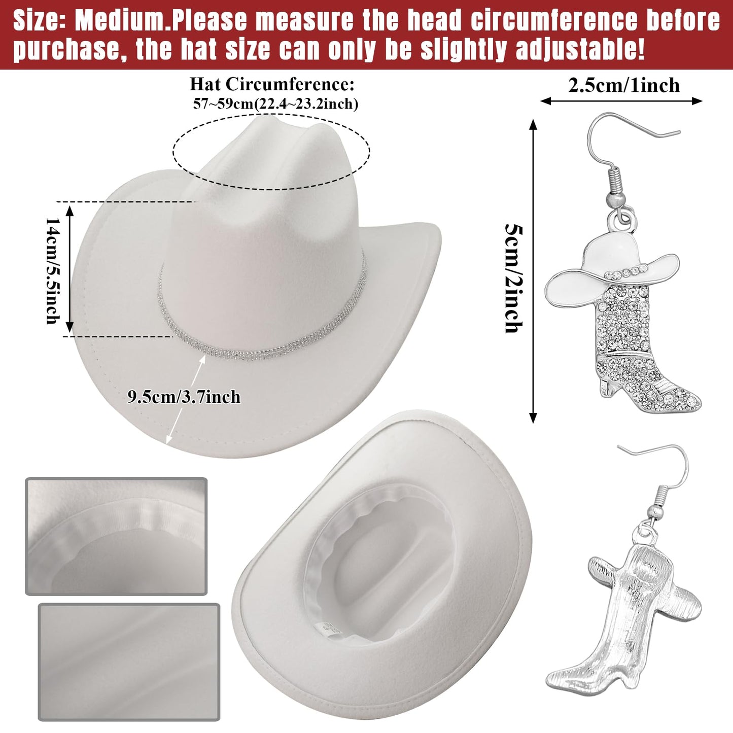 Aswitnove Cowboy Hat Rhinestone Cowgirl Boots Earrings Set Western Earrings Felt Fedora Jazz Hat Rodeo Outfit for Women Boots White